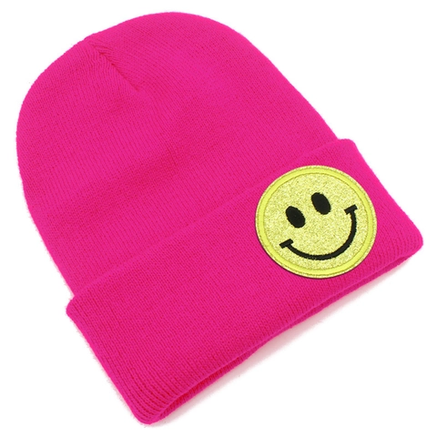 Acrylic Knit Beanie Hat Winter Warm Ribbed Skull Cap With Glitter Smile Face Patch For Women Men Daily Outdoor Travel