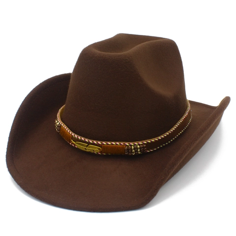 Western Cowboy Hat For Men Women Vintage Wool Felt Fedora With Ethnic Feather Ribbon Band Wide Brim Party Outdoor Hat