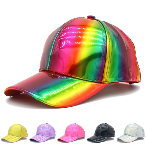 Berretto da Baseball in Pelle PU Olografica Lucida Unisex Metallico Laser Arcobaleno Hip Hop Streetwear Cappello da Sole Regolabile