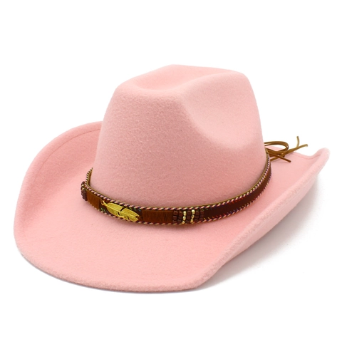 Western Cowboy Hat For Men Women Vintage Wool Felt Fedora With Ethnic Feather Ribbon Band Wide Brim Party Outdoor Hat