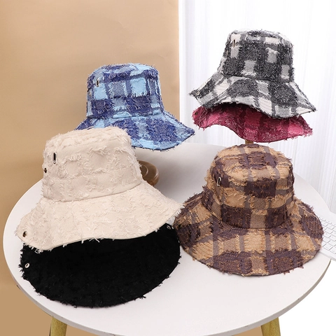 Cappello da Pescatore Casual in Cotone a Quadri Unisex Effetto Usato Tesa Larga Protezione Solare Viaggio
