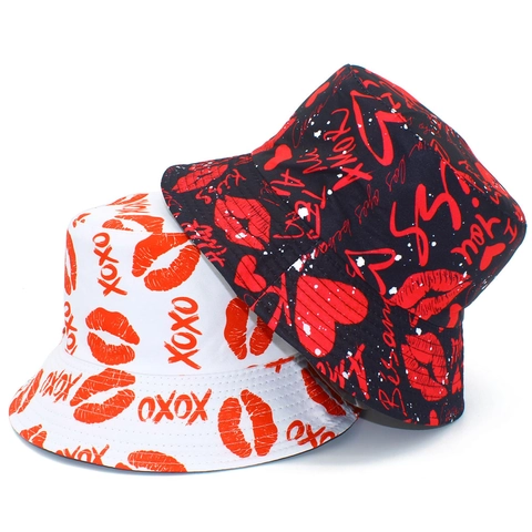 Women Reversible Bucket Hat Cotton Polyester Blend Sun Protection Heart Lip Print Graffiti Fisherman Cap Summer Beach Outdoor Casual Fashion Hat