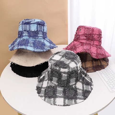 Cappello da Pescatore Casual in Cotone a Quadri Unisex Effetto Usato Tesa Larga Protezione Solare Viaggio