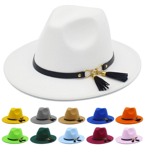Βίντατζ Μάλλινο Καπέλο Fedora Για Γυναίκες Άνδρες Μεγάλο Γείσο Καπέλο Τζαζ Με Δερμάτινη Ζώνη Φούντες Χρυσή Αγκράφα Κλασικό Βρετανικό Στυλ Μονόχρωμο