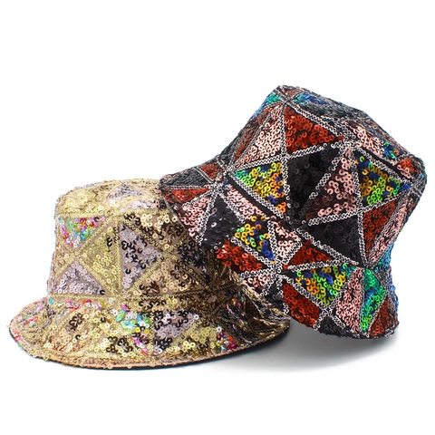 Women Fashion Sequin Bucket Hat Glitter Geometric Triangle Pattern Punk Style Foldable Sun Hat For Party Festival Disco Stage
