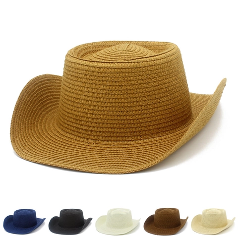 Western Cowboy Straw Hat With Wide Rolled Brim Summer Sun Protection Breathable Woven Beach Fedora Hat For Outdoor Vacation