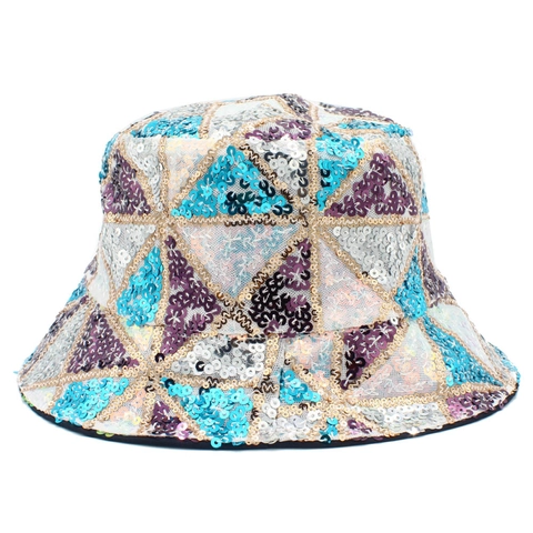 Women Fashion Sequin Bucket Hat Glitter Geometric Triangle Pattern Punk Style Foldable Sun Hat For Party Festival Disco Stage