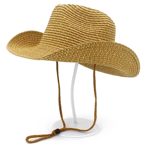 Women Men Western Cowboy Straw Hat With Shiny Sequins Wide Brim Sun Protection Summer Beach Hat With Adjustable Wind Rope