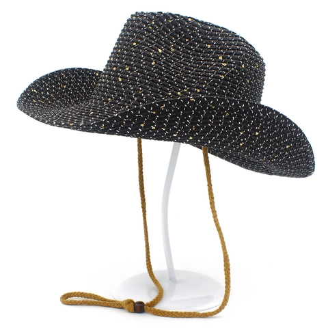 Women Men Western Cowboy Straw Hat With Shiny Sequins Wide Brim Sun Protection Summer Beach Hat With Adjustable Wind Rope