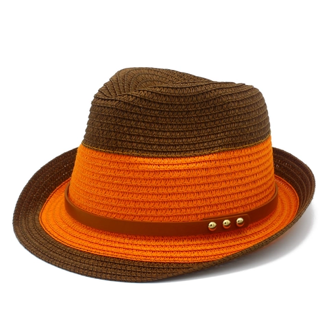 Vintage Straw Fedora Hat For Men Women Color Block Sun Protection Beach Hat With Leather Band And Metal Rivets Casual Travel Jazz Hat