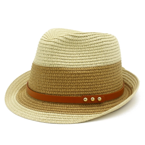 Vintage Straw Fedora Hat For Men Women Color Block Sun Protection Beach Hat With Leather Band And Metal Rivets Casual Travel Jazz Hat