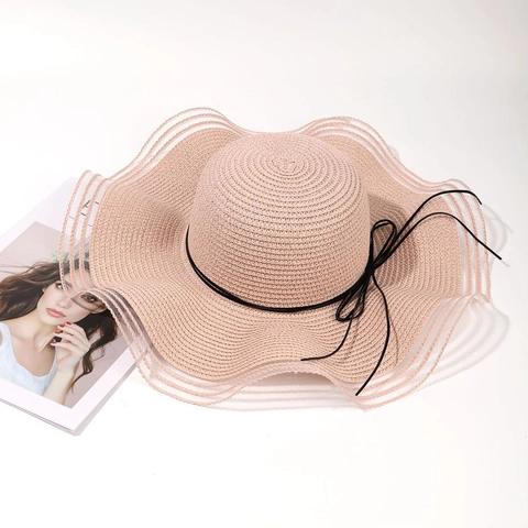 Sombrero De Paja Elegante Para Mujer Con Ala Ancha Ondulada Protección Solar Para Playa De Verano Con Borde De Malla Y Lazo Plegable