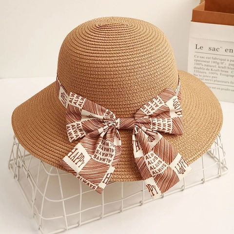 Women's Summer Straw Bucket Hat Elegant Bowknot Letter Print Sun Protection Wide Brim Beach Vacation Foldable Sun Hat