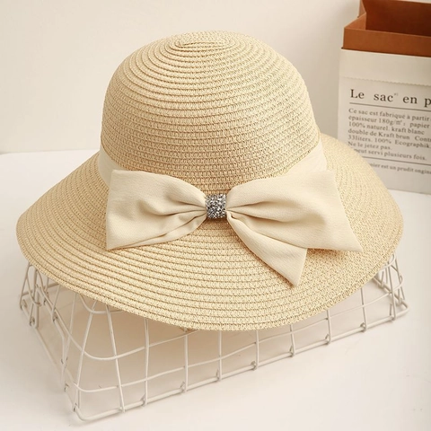 Eleganter Britischer Vintage Strohhut Damen Sonnenhut Mit Großer Krempe Schleife Strass Atmungsaktiv Strand Urlaub Sommer Hut