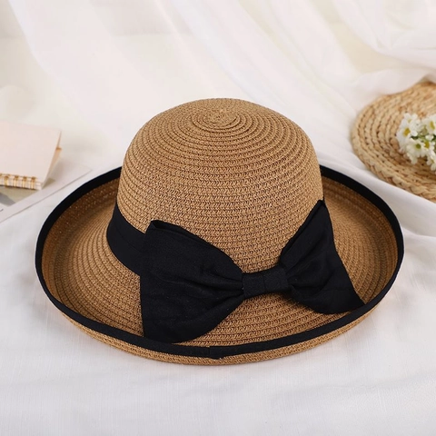 Elegante Cappello di Paglia da Donna Con Grande Fiocco Nero Stile Francese Intrecciato per Vacanze al Mare Estive