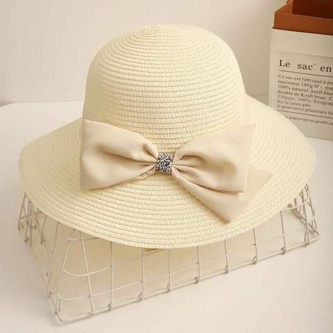 Eleganter Britischer Vintage Strohhut Damen Sonnenhut Mit Großer Krempe Schleife Strass Atmungsaktiv Strand Urlaub Sommer Hut