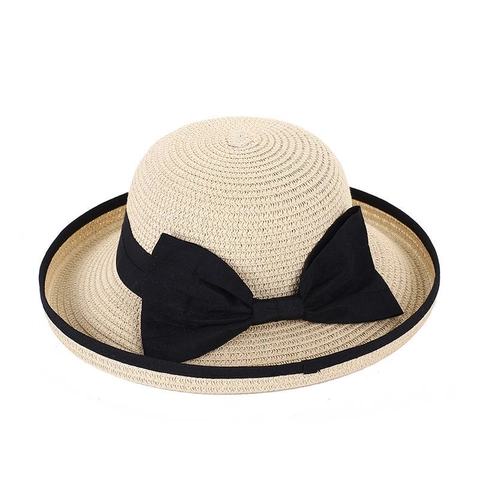 Elegante Cappello di Paglia da Donna Con Grande Fiocco Nero Stile Francese Intrecciato per Vacanze al Mare Estive