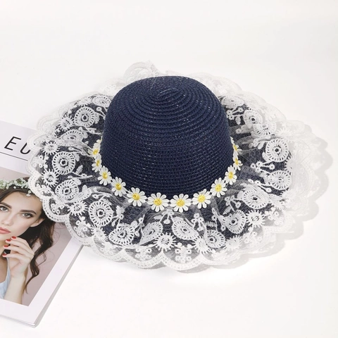 Women Daisy Flower Straw Hat Wide Brim Lace Sun Hat Beach Vacation Breathable Weave Panama Hat Foldable Summer Hat