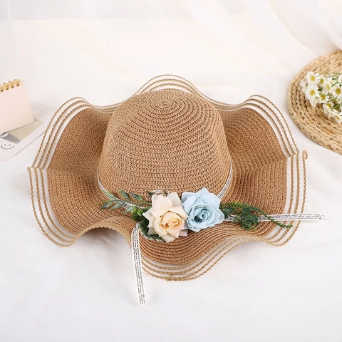 Cappello di Paglia Ondulato a Tesa Larga da Donna Con Decorazione Floreale Nastro Protezione Solare Spiaggia Vacanza