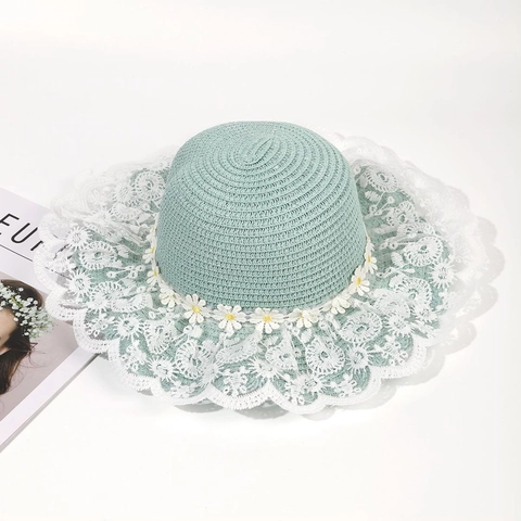 Women Daisy Flower Straw Hat Wide Brim Lace Sun Hat Beach Vacation Breathable Weave Panama Hat Foldable Summer Hat
