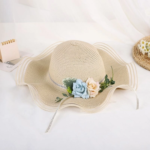 Cappello di Paglia Ondulato a Tesa Larga da Donna Con Decorazione Floreale Nastro Protezione Solare Spiaggia Vacanza