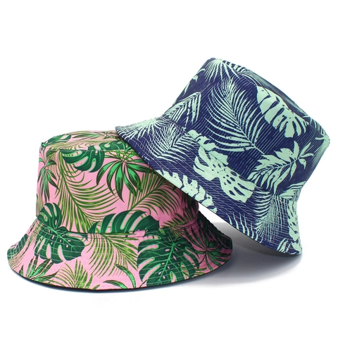 Chapeau Bucket Femme en Coton Imprimé Plante Tropicale Double Face Protection Solaire Été Voyage Plage Extérieur