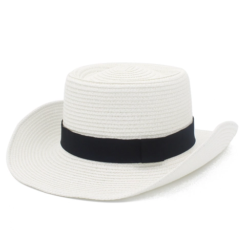 Chapeau de Cowboy en Paille à Bord Large Protection Solaire Respirant Chapeau de Plage avec Ruban Noir pour Hommes Femmes