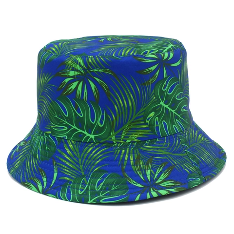 Chapeau Bucket Femme en Coton Imprimé Plante Tropicale Double Face Protection Solaire Été Voyage Plage Extérieur
