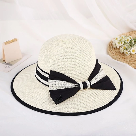French Women Wide Brim Straw Hat Elegant Bow Summer Sun Protection Breathable Beach Bucket Hat Travel Vacation Fedora