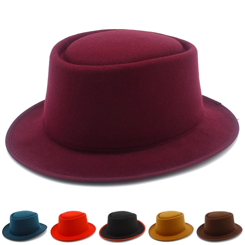 Cappello Fedora Pork Pie in Stile Retro Britannico Per Uomo Donna Cilindro Jazz in Feltro di Poliestere Tinta Unita