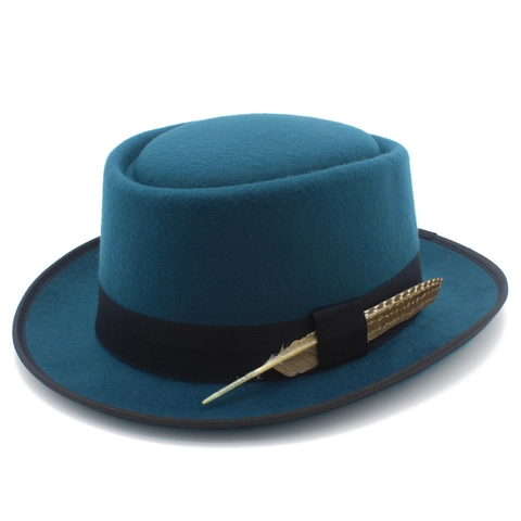 Chapeau Pork Pie Classique Unisexe en Feutre de Polyester Tête Plate Style Britannique Vintage Fedora Avec Décoration de Plumes