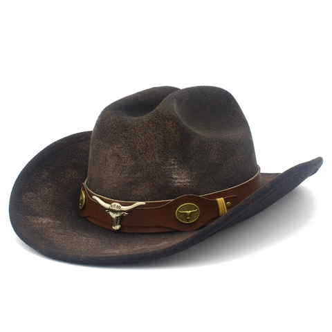 Sombrero de Vaquero del Oeste Vintage Fieltro Fedora Con Banda de Cuero Cabeza de Toro de Metal Ala Ancha Moda Exterior