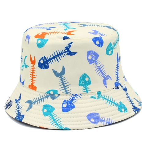 Unisex Fischerhut Baumwolle Mit Fischskelett-Print Für Herren Und Damen Outdoor-Sonnenschutz Flaches Oberteil Breite Krempe Anglerhut