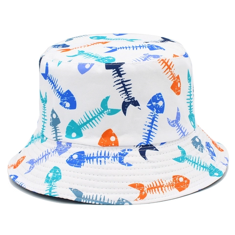 Unisex Fischerhut Baumwolle Mit Fischskelett-Print Für Herren Und Damen Outdoor-Sonnenschutz Flaches Oberteil Breite Krempe Anglerhut