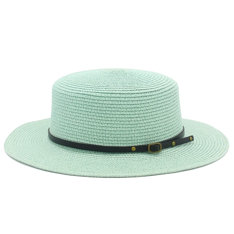 Women's Fashion Boater Straw Hat With Leather Band Gold Studs Summer Sun Protection Beach Flat Top Casual Straw Woven Hat
