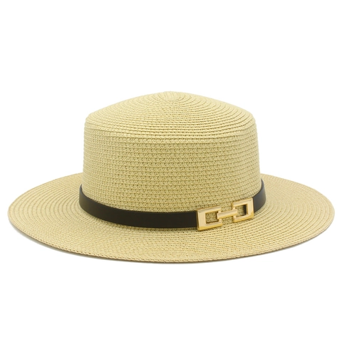 French Vintage Flat Top Straw Hat For Women Summer Beach Sunshade Boater Hat With Black Belt Metal Buckle Elegant Sun Hat