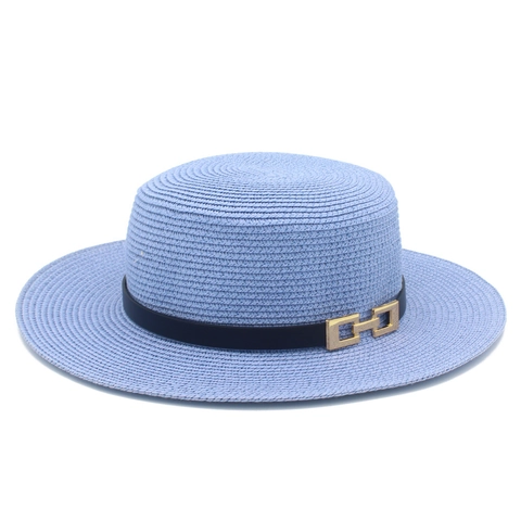 French Vintage Flat Top Straw Hat For Women Summer Beach Sunshade Boater Hat With Black Belt Metal Buckle Elegant Sun Hat