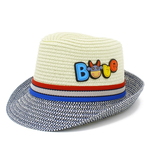 Sombrero Fedora de Paja de Verano para Niños Protección Solar Transpirable Tejido Sombrero de Playa Con Decoración de Vaca para Niños Niñas