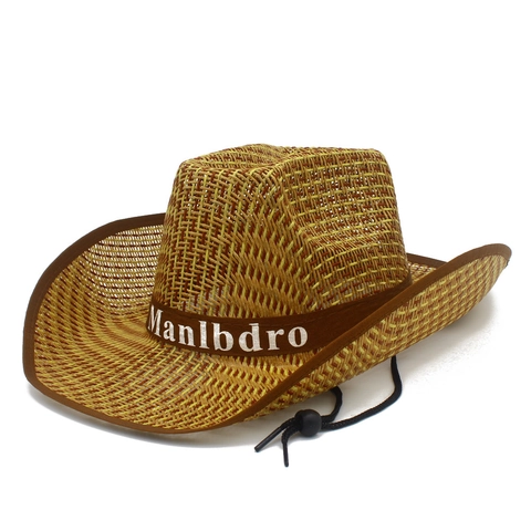 Men Western Cowboy Straw Hat Wide Brim Sun Protection Straw Beach Hat With Adjustable Wind Rope Outdoor Fishing Hat