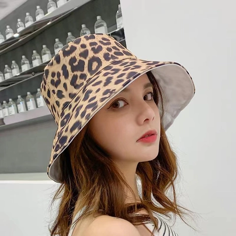 Fashion Leopard Print Bucket Hat For Women Double Sided Wear Cotton Foldable Wide Brim Sun Protection Fisherman Hat Casual Beach Cap