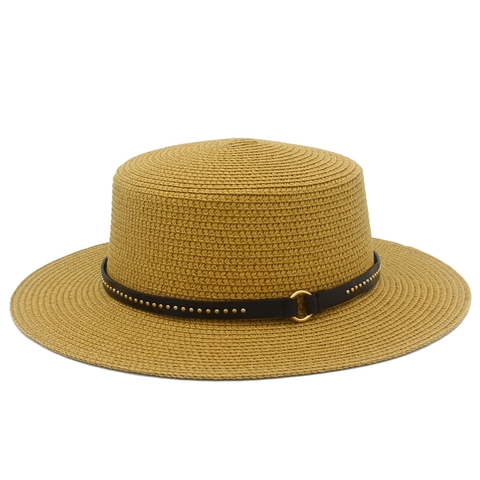 Women Flat Top Straw Boater Hat Fashion Sun Protection Wide Brim Faux Leather Belt With Rivets Metal Ring Beach Sun Hat