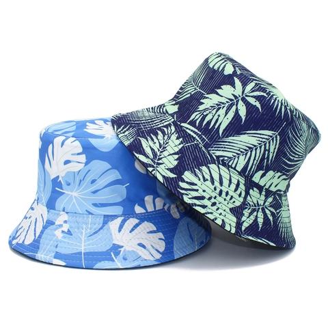 Cappello a Secchiello Unisex Con Stampa Foglie Tropicali Protezione Solare Reversibile in Misto Cotone per Spiaggia Vacanza