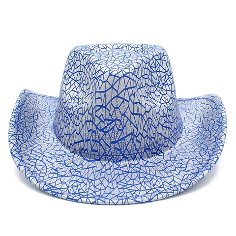Fashion Metallic Cowboy Hat Unisex Glossy Crackle Pattern Geometric Wide Brim Fedora Hat For Festival Party Performance