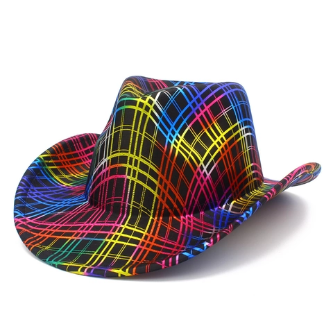 Colorful Rainbow Grid Western Cowboy Hat For Adults 100% Polyester Wide Curved Brim Stage Performance Party Jazz Fedora Hat