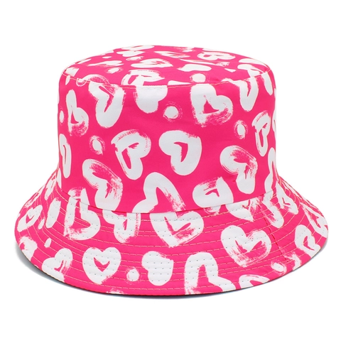Women Reversible Heart Print Bucket Hat Cotton Canvas Sun Protection Outdoor Vacation Fashion Fisherman Hat Portable Foldable