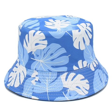 Cappello a Secchiello Unisex Con Stampa Foglie Tropicali Protezione Solare Reversibile in Misto Cotone per Spiaggia Vacanza