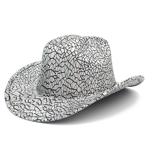 Fashion Western Cowboy Hat Sequin Laser Geometric Crack Wide Brim Sunshade Hat For Stage Performance Party Polyester Hat