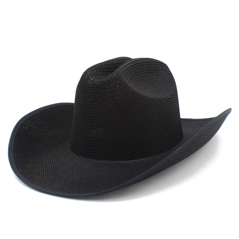 Women Men Summer Straw Western Cowboy Hat Mesh Breathable Wide Brim Sun Hat Fedora Knight Hat Beach Travel Outdoor Hat