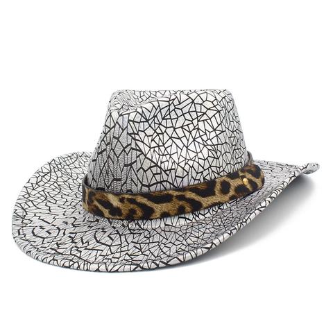 Western Cowboy Hat Women Polyester Geometric Crack Pattern Leopard Print Band Metal Rivets Cool Party Festival Jazz Hat