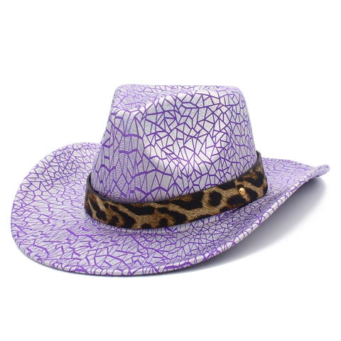 Western Cowboy Hat Women Polyester Geometric Crack Pattern Leopard Print Band Metal Rivets Cool Party Festival Jazz Hat